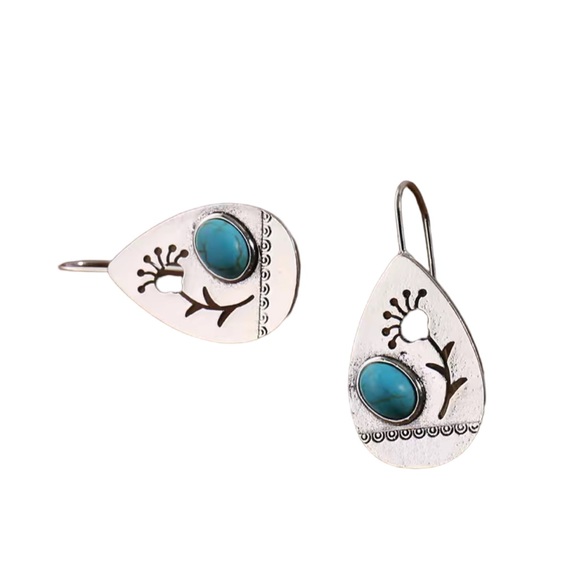 Boho Silver Teardrop Cut Metal Flower Drop Earrings - Picture 3 of 5